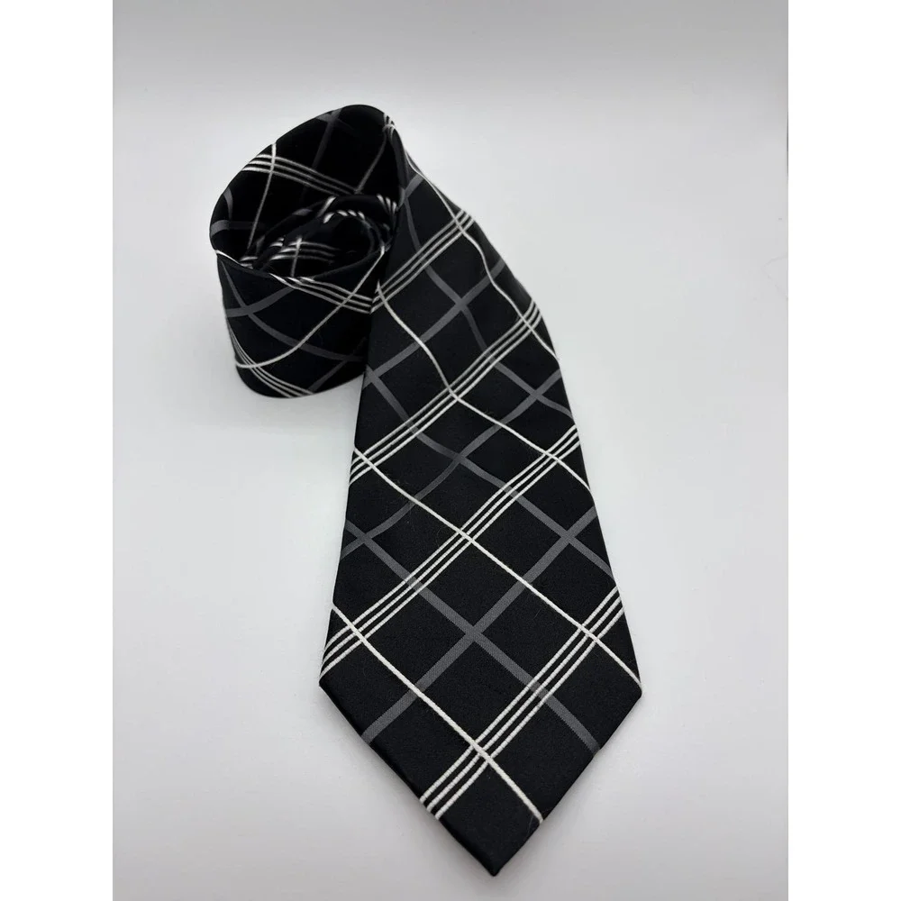 Kenneth Cole, New York, Black/White Diagonal Checkered Grid Pattern Necktie Silk